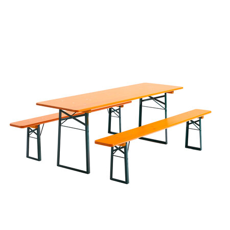 Classic beer garden table set on white background.